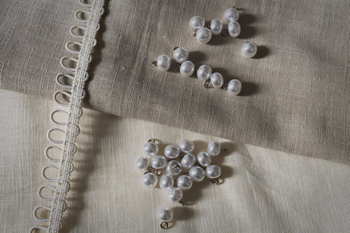 Perles de nacre Rosa Plume - tissus beige et gris clair