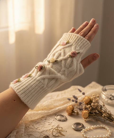 Mitaine - Rosa Plume - couleur écrue - petites roses brodées