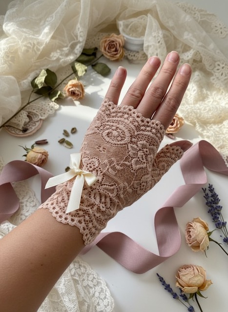 Mitaine dentelle - Rosa Plume - Ruban blanc