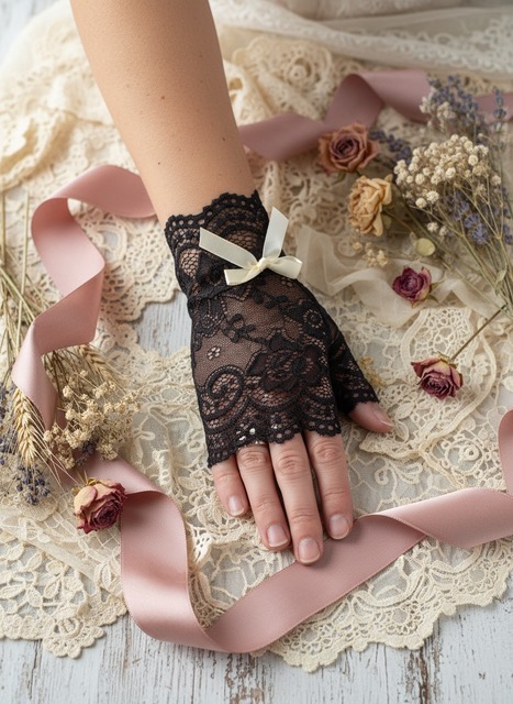 Mitaine dentelle - Rosa Plume - Ruban blanc