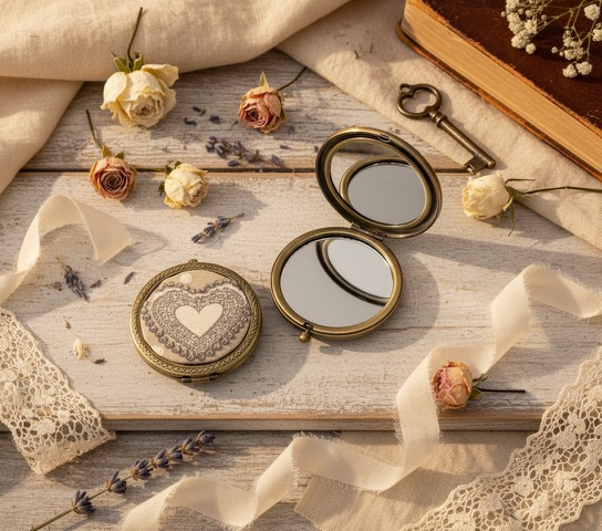 Miroir de poche Rosa Plume - illustré d'un cœur brodé