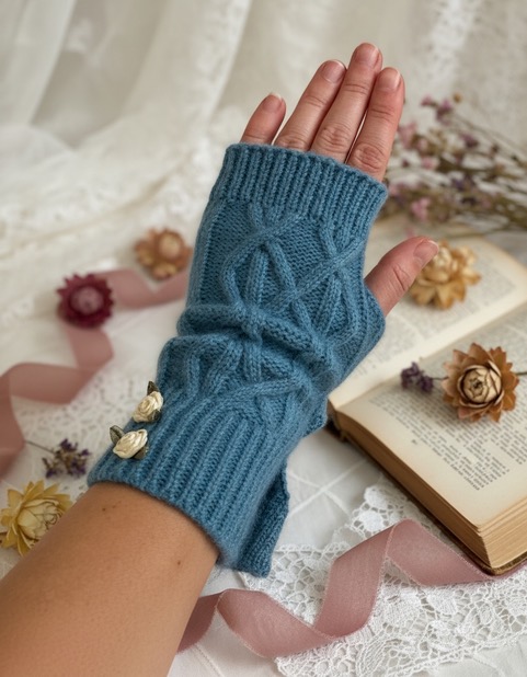 Mitaine - Rosa Plume - couleur bleue - petites roses brodées