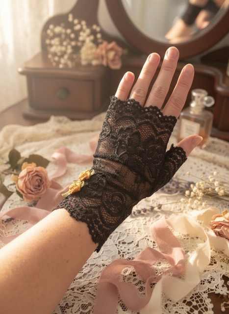 Mitaine dentelle - Rosa Plume - petites roses de satin jaune