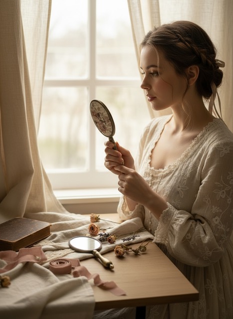 Miroir à main Rosa Plume - femme se regardant