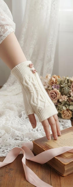 Mitaine - Rosa Plume - couleur écrue - deux petites roses brodées