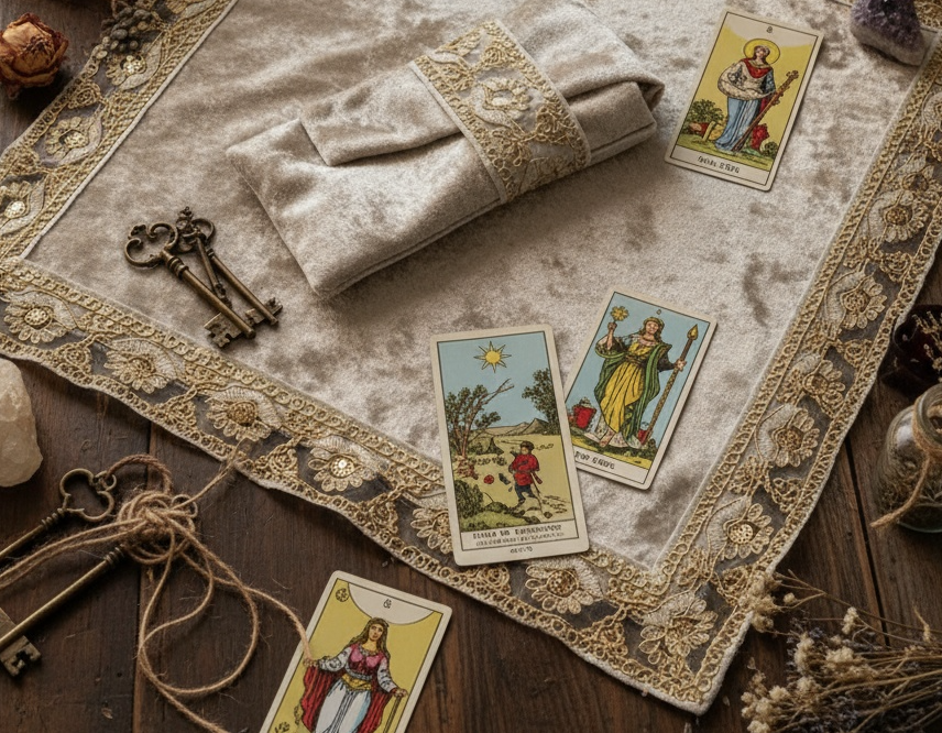 Le Duo "Rituel de Velours" - Tapis & Pochette pour cartes blanc champagne