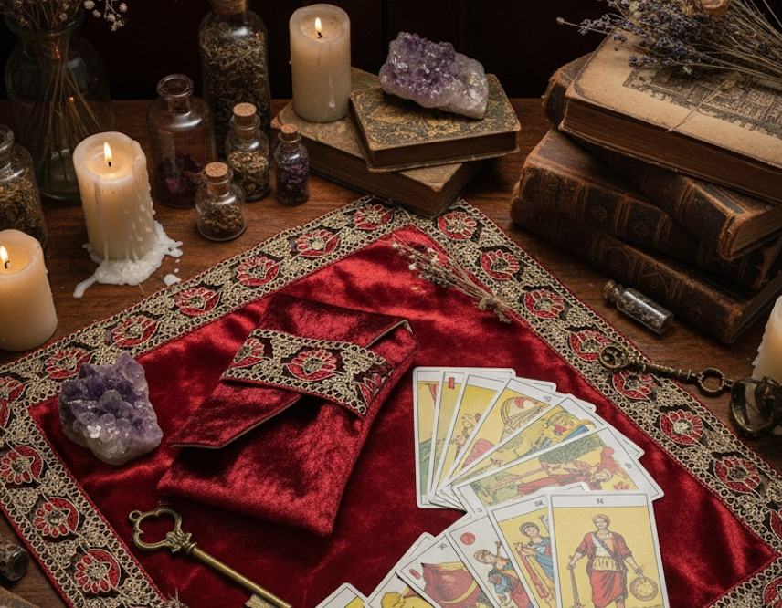 Le Duo "Rituel de Velours" - Tapis & Pochette pour cartes rouge profond