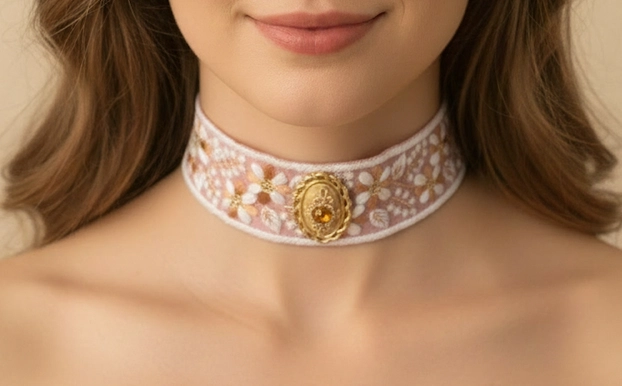 Collier ras de cou galon rose à broche centrale