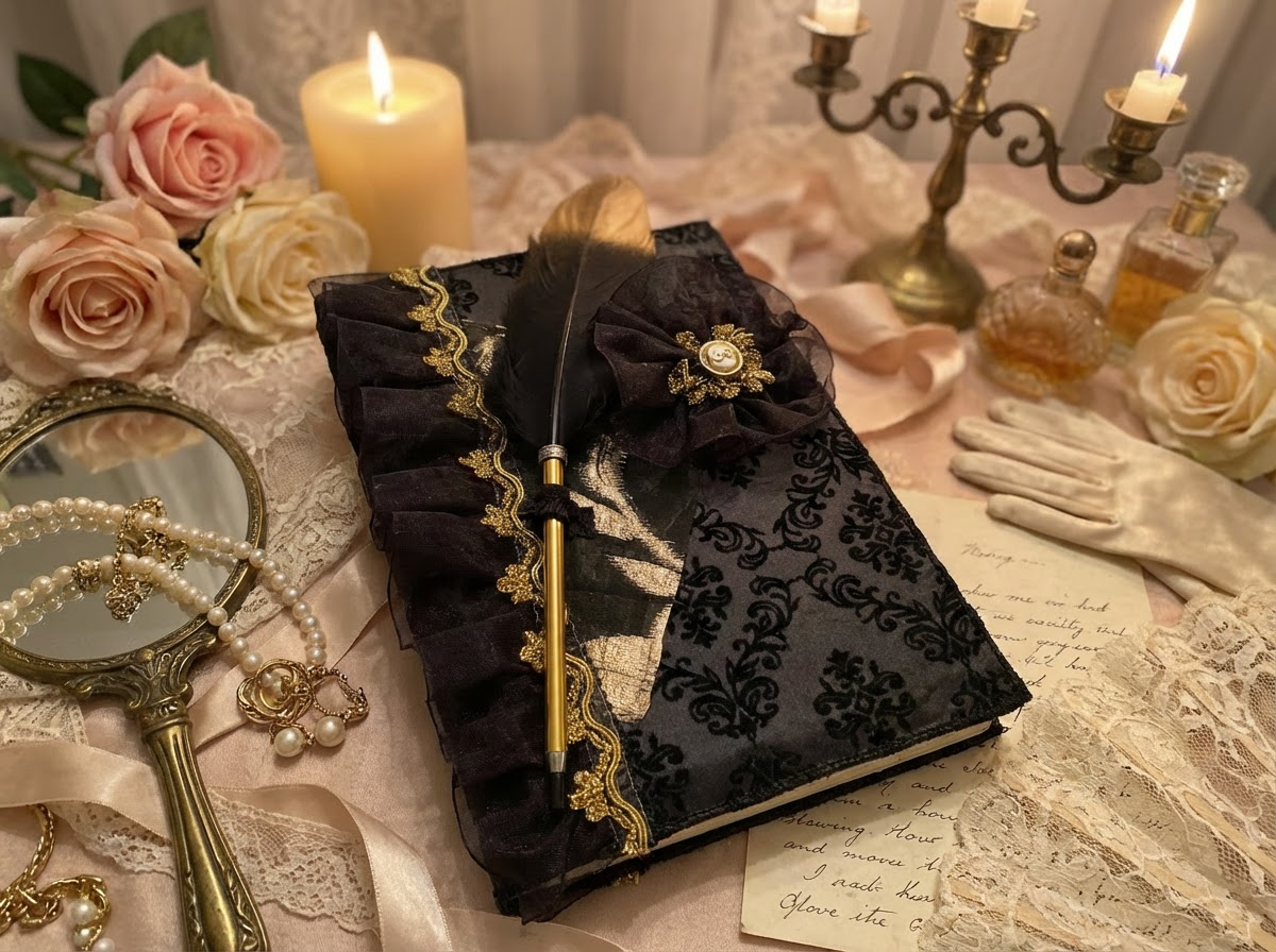 carnet décoré "Carnet de bal" noir et doré avec plume