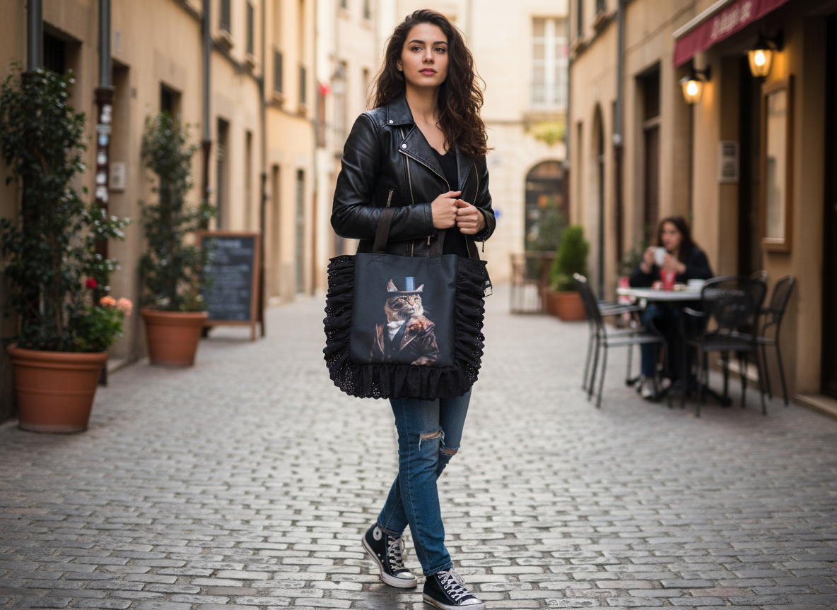 sac cabas à volants chat victorien veste redingote, porté