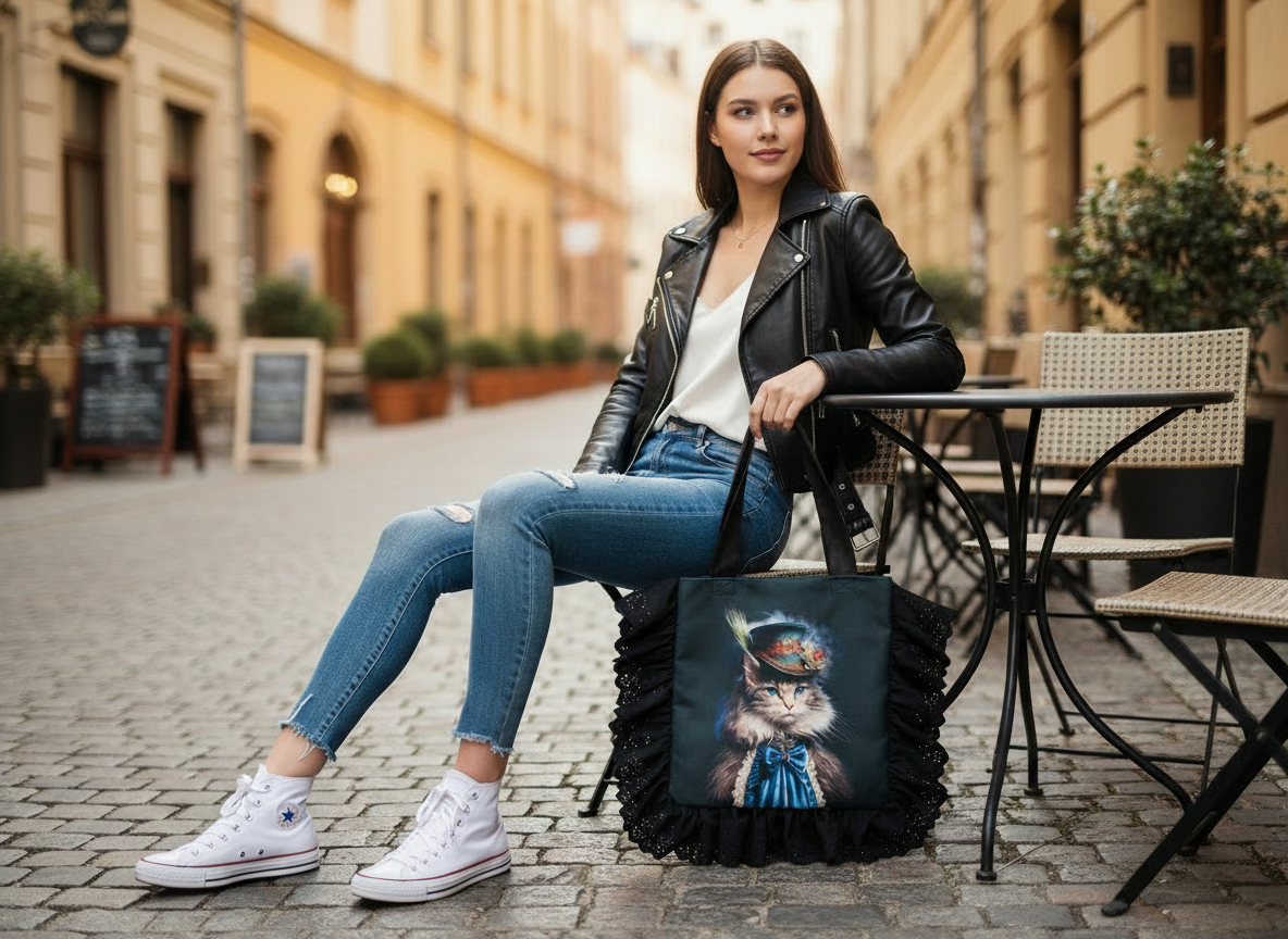 sac cabas à volants, porté, chat victorien jabot bleu