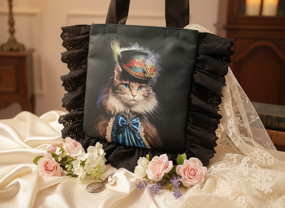 sac cabas à volants chat victorien jabot bleu